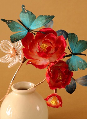 手工绒花发钗牡丹花发饰古装头饰新中式旗袍汉服红色新娘发钗小钗