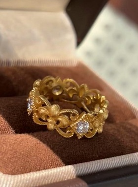 欧美复中古镶钻轻奢小众高端级设计感气质鸢尾花拉丝戒指925纯银