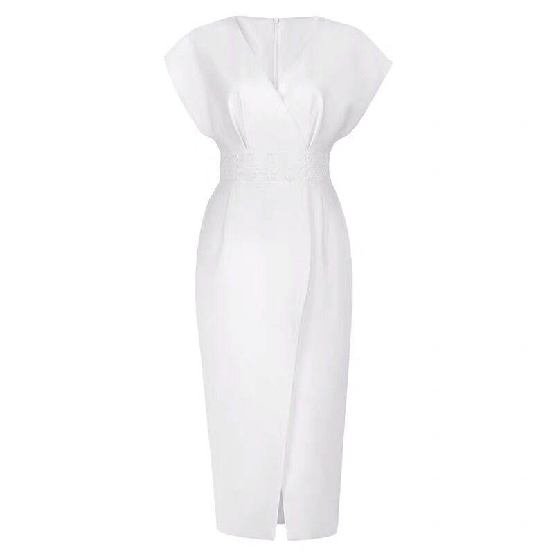 法式性感V领白色礼服轻奢小众高端级气质名媛晚宴年会贵定连衣裙