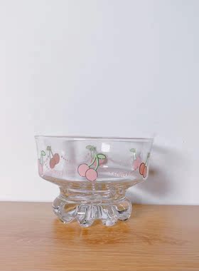 日本水果菠萝樱桃草莓图案玻璃冰激凌刨冰杯甜品碗小清新实拍可
