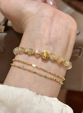 小红书爆款招财转天然金发晶手串黄水晶新中式拉丝金色水晶手女