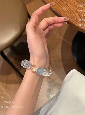 近净体巴西白水晶海蓝宝手串设计款小众跑环方糖大咪水晶手链