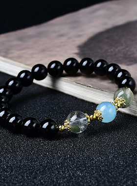 包邮天然黑曜石绿幽灵海蓝宝手链女水晶手链转运珠送女友饰品礼物