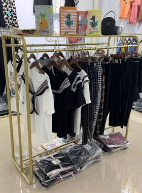 服装店衣服展示架铁艺货架落地式金色双排中岛架女装专用挂衣架子