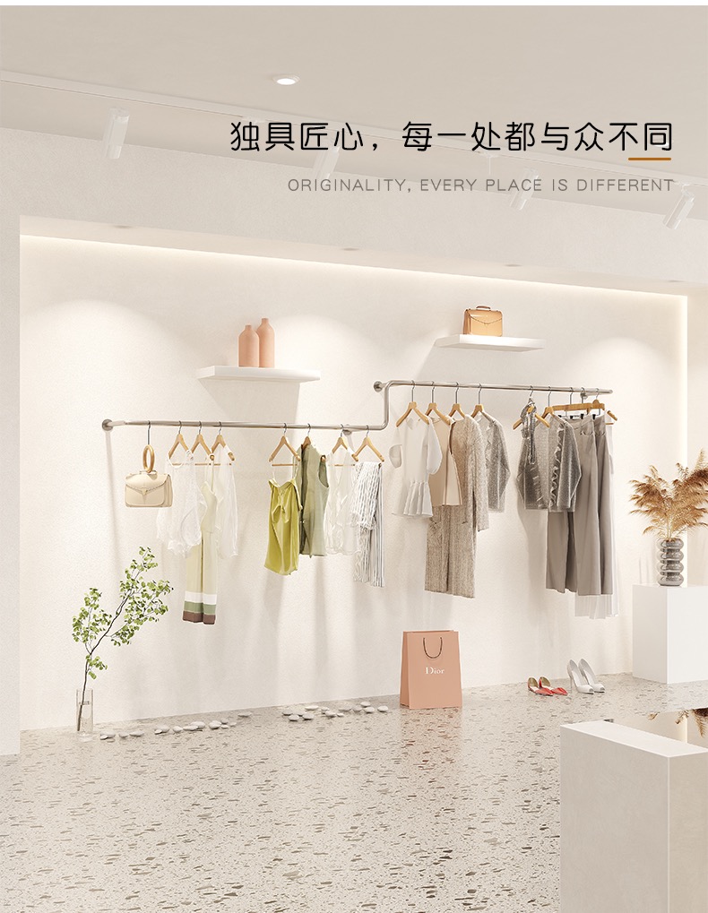 服装店展示架陈列落地式上墙不锈钢拉丝女装衣服货架造型挂衣架子 - 图1