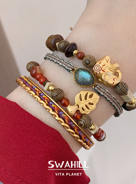 SWAHILL斯瓦山丘 龟背叶手串小众复古设计感天然石红玛瑙木珠手链