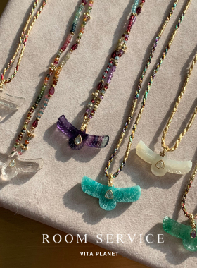 法国ROOM SERVICE彩色天然半宝石吊坠法式长项链串珠编绳项链女
