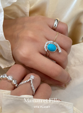 韩国Maman et Fille正品 纯银天然绿松石戒指不规则小众设计指环