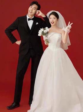 影楼主题婚纱摄影服装情侣写真拍照头纱简约白色中长款蓬蓬造型纱