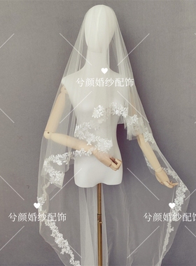 兮颜原创复古单层三米软沙拖地新娘婚纱头纱蕾丝花边鱼尾礼服配饰