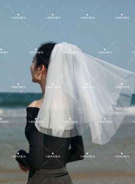 韩式头饰配件婚礼婚纱蓬蓬新娘领证短款旅拍硬小头纱森系白色头纱
