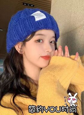 2023帽子女粗针织毛线帽秋冬季百搭大头围绿色宽松ins新潮显脸小