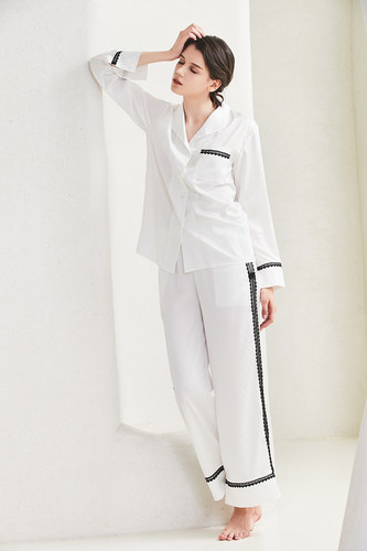 NT奈黎诗春秋薄款丝质提花长袖家居服套装女撞色阔腿裤睡衣两件套 - 图1