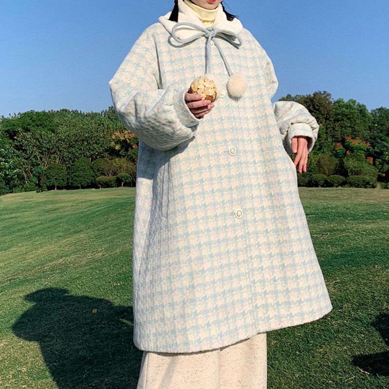 蛋包饭餐厅_千鸟格大衣女秋冬日系可爱甜美中长款学院风呢子外套