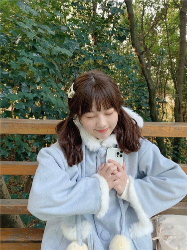 蛋包饭餐厅兔毛呢子外套大衣女冬季中长款加棉加厚日系小个子上衣 - 图2