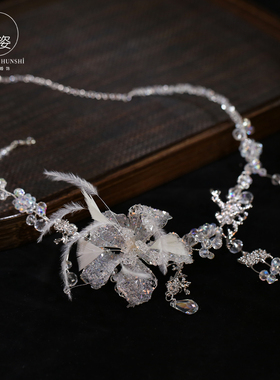 新品立体花瓣水晶串珠项链耳夹