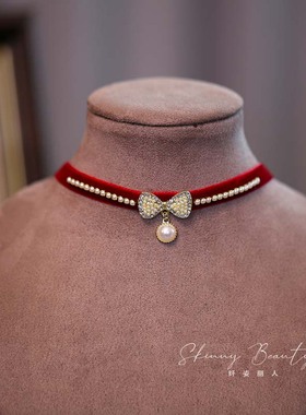 酒红色丝绒颈链锁骨链简约