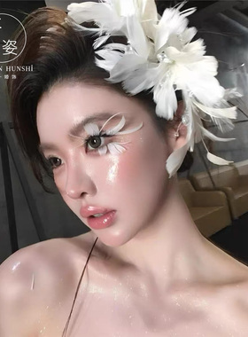 仙气氛围感白色羽毛花朵发夹头饰