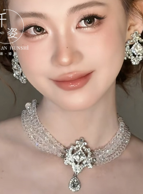 新娘结婚重工水晶珍珠项链耳环