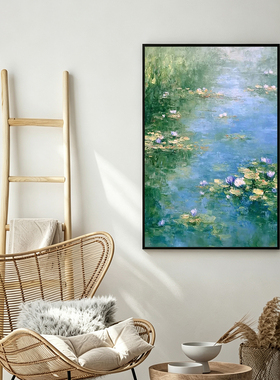 可班纯手绘油画荷韵清宁玄关挂画