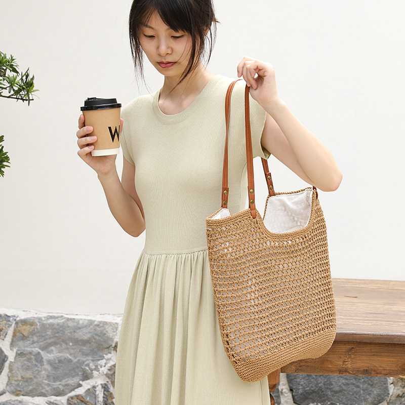 ins森系文艺复古手工编织包休闲棉线单肩包托特包毛线包购物袋女,淘宝优惠券,粉丝福利购,淘宝优惠卷