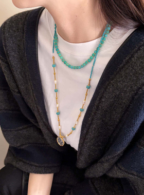 小众设计师民族风方形串珠项链绿松色项链复古叠戴气质显白锁骨链