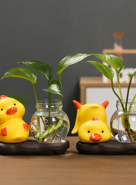 萌鸭玻璃水培花瓶客厅摆件