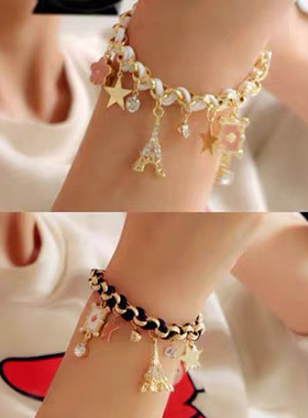 韩版时尚饰品 埃菲尔铁塔星星花朵扑克牌皮 爱心手链脚链两用