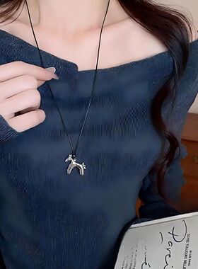 Little Horse Pendant Necklace, Black Wax Cord Cute  Charm  A