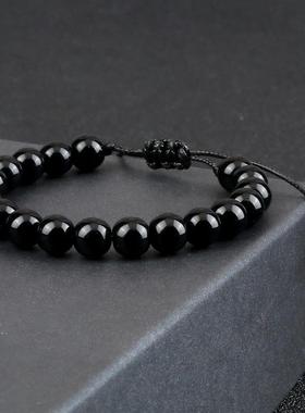 Natural Pedra Brilhante Preto Onyx Beads Pulseiras, frisada