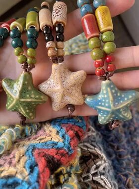 Rero Tassel Ehnic Syle Necklace Ceramic Sarfish Long Sweaer
