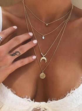 Vintage Multilayer Crystal Pendant Necklace Women Gold Color