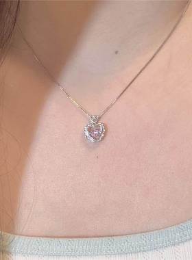 Korean Fashion Vintage Hollow Pink Crystal Heart Pendant Sil