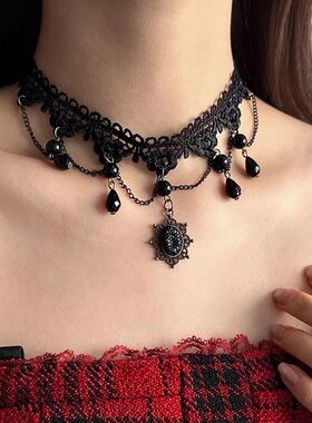 Gohic Punk Sexy Lace Black Crysal Penden Necklace for Women