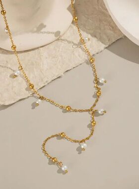 Sainless Seel Imiaion Pearl Y-Shaped Long Chain Necklace for