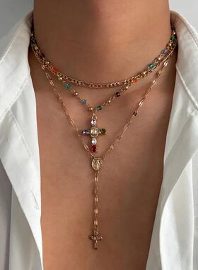 3Pcs/Se Hiphop Colored Zircon Cross Pendan Necklace for Wome
