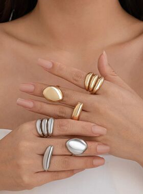 Gold Color Smooh Irregular Chunky Curved Rings Se for Women