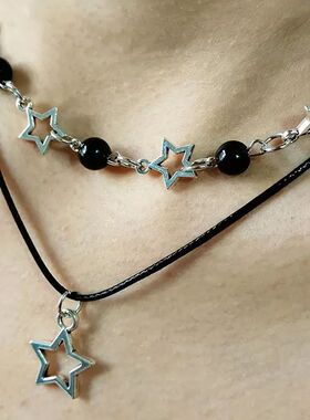 Fashion Double Layered Black Bead Star Choker Necklace Punk