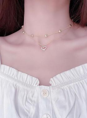 Gold Color Double Layer Heart Necklace Shining Bling AAA Zir