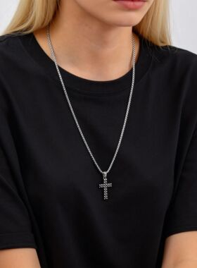 New Stainless Steel Zircon Cross Pendant Necklace,Women Men'