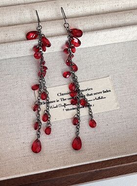 Red Crystal Long Tassel Pendant Earrings for Women Fashionab