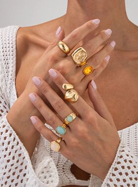 Ingemark 7Pcs/Set Luxury Gold Color Crystal Open Rings for W