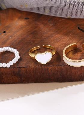 3Pcs/set Enamel Heart Rings Korean Fashion Pearl Ring For Wo