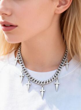 Punk Cross Pendant Cuban Chain Necklace Stainless Steel Silv