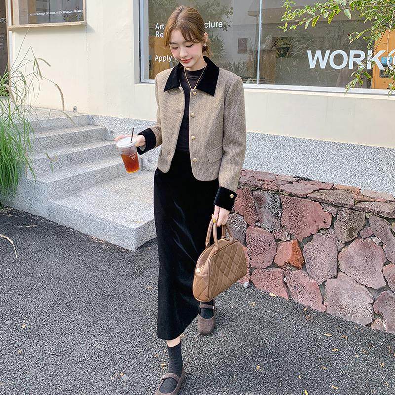 2024冬季新款长袖羽绒外套丝绒半身裙两件套女毛呢小香风套装洋气,淘宝优惠券,粉丝福利购,淘宝优惠卷