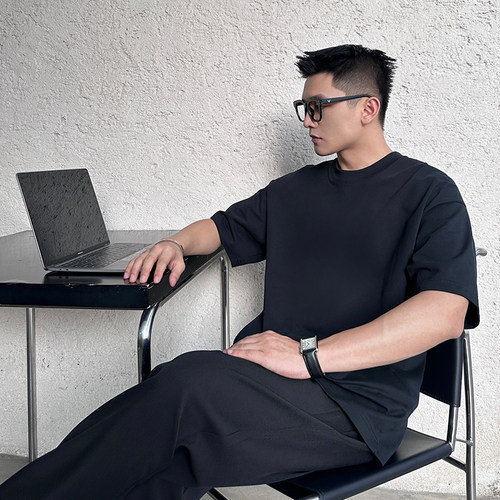 二十二号穿搭「5A新疆长绒棉」350g纯棉短袖t恤男宽松内搭打底衫 - 图2