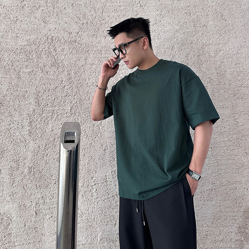 二十二号穿搭「5A新疆长绒棉」350g纯棉短袖t恤男宽松内搭打底衫 - 图1