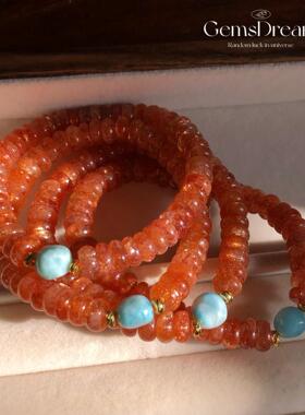 天然水晶爆闪橙红金太阳石配海纹石 算盘珠手串招财 自信高能场量