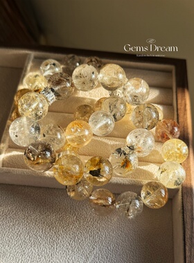 天然 高能赫尔基蒙闪灵钻骸骨水晶手串 N量放大 黄泥骸骨大咪手串