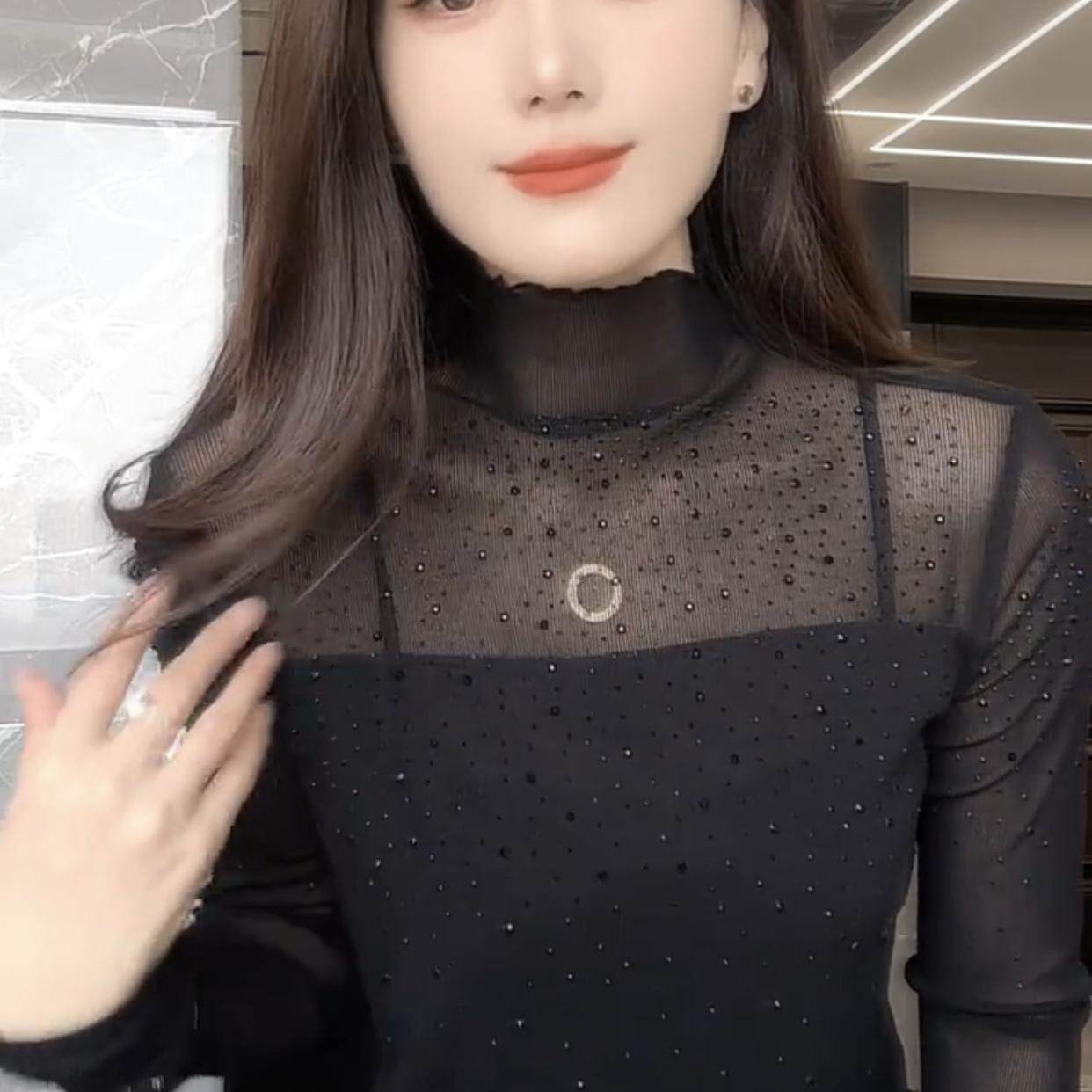 网纱拼接半高领烫钻打底衫女春季新款性感微透内搭长袖t恤ins上衣